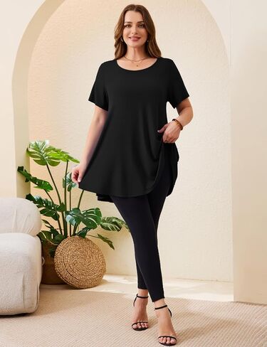 JollieLovin Women Plus Size Short Sleeve Summer Long Tunic Tops Loose Fit T-Shirt to Wear with Leggings(L-5X) in Kuwait