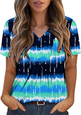 ONLYSHE Womens Summer Blouses Casual Short Sleeve Tunic Turndown V Neck Collar Loose Fit Tops in Kuwait