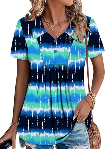 ONLYSHE Womens Summer Blouses Casual Short Sleeve Tunic Turndown V Neck Collar Loose Fit Tops in Kuwait