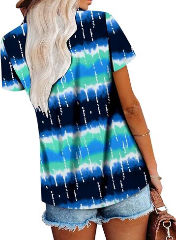 ONLYSHE Womens Summer Blouses Casual Short Sleeve Tunic Turndown V Neck Collar Loose Fit Tops in Kuwait