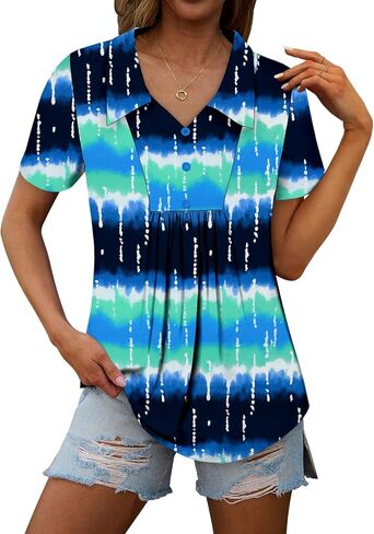 ONLYSHE Womens Summer Blouses Casual Short Sleeve Tunic Turndown V Neck Collar Loose Fit Tops in Kuwait