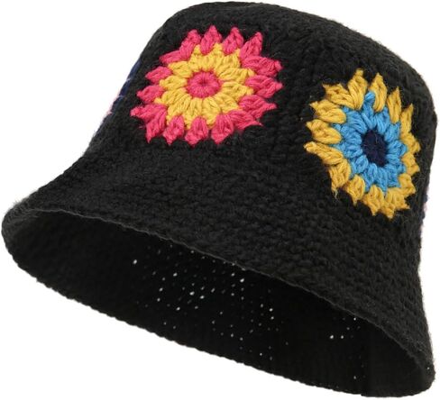 Womens Crochet Bucket Hat Knitted Cute Flower Pattern Beanies Handmade Beach Sun Hat in Saudi Arabia