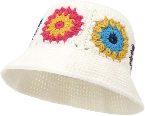 Womens Crochet Bucket Hat Knitted Cute Flower Pattern Beanies Handmade Beach Sun Hat in Saudi Arabia