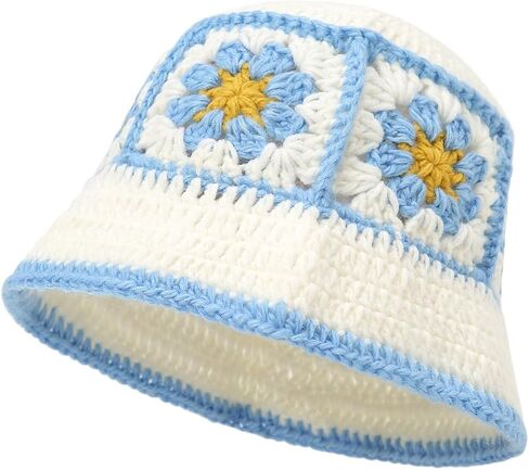 Womens Crochet Bucket Hat Knitted Cute Flower Pattern Beanies Handmade Beach Sun Hat in Saudi Arabia