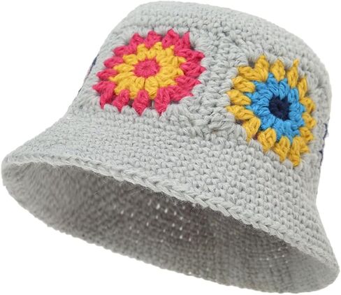 Womens Crochet Bucket Hat Knitted Cute Flower Pattern Beanies Handmade Beach Sun Hat in Saudi Arabia