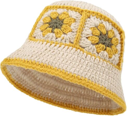 Womens Crochet Bucket Hat Knitted Cute Flower Pattern Beanies Handmade Beach Sun Hat in Saudi Arabia