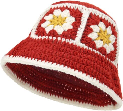 Womens Crochet Bucket Hat Knitted Cute Flower Pattern Beanies Handmade Beach Sun Hat in Saudi Arabia
