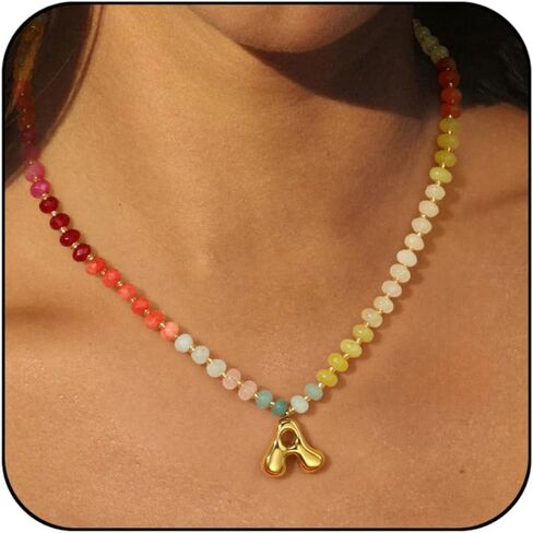 Badu Initial A-Z Colorful Beaded Gemstone Necklaces for Women 14K Gold Letter Pendant Necklace Natural Stone Summer Beach Handmade Jewelry Gift Trendy Necklaces in Kuwait