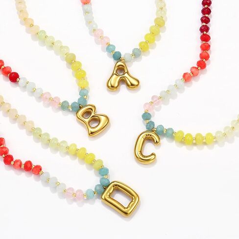 Badu Initial A-Z Colorful Beaded Gemstone Necklaces for Women 14K Gold Letter Pendant Necklace Natural Stone Summer Beach Handmade Jewelry Gift Trendy Necklaces in Kuwait