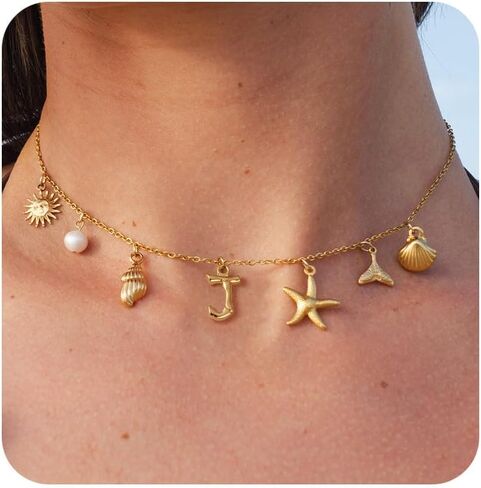 Initial Charm Necklace for Women Boho Summer Beach Starfish Surfer Shell A-Z Letter Choker14K Gold Plated Vacation Jewelry Gift in Kuwait