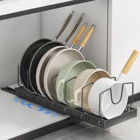 Pots and Pans Organizer Under Cabinet, Sliding Pot Lid Holder and Pan Rack in Kitchen, Pull out Pot and Pan Organizer, for Pot Lid, Bakeware, Dishes, Pots and Pans Storage in Saudi Arabia