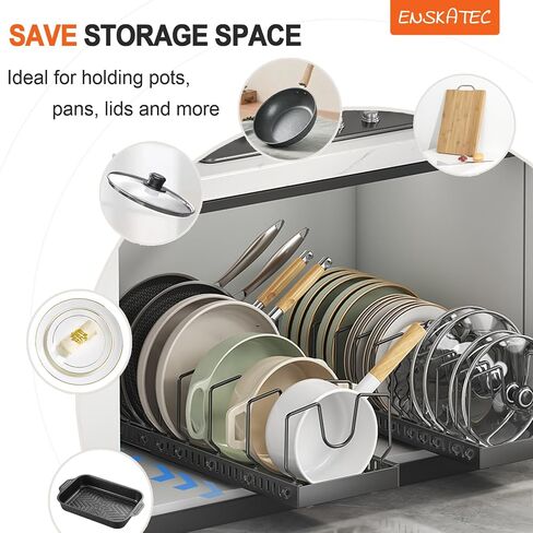 Pots and Pans Organizer Under Cabinet, Sliding Pot Lid Holder and Pan Rack in Kitchen, Pull out Pot and Pan Organizer, for Pot Lid, Bakeware, Dishes, Pots and Pans Storage in Saudi Arabia