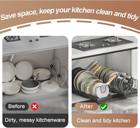 Pots and Pans Organizer Under Cabinet, Sliding Pot Lid Holder and Pan Rack in Kitchen, Pull out Pot and Pan Organizer, for Pot Lid, Bakeware, Dishes, Pots and Pans Storage in Saudi Arabia