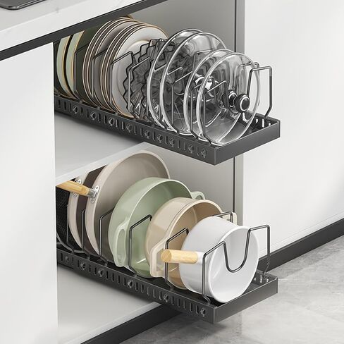 Pots and Pans Organizer Under Cabinet, Sliding Pot Lid Holder and Pan Rack in Kitchen, Pull out Pot and Pan Organizer, for Pot Lid, Bakeware, Dishes, Pots and Pans Storage in Saudi Arabia