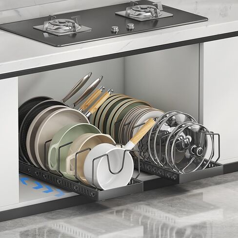 Pots and Pans Organizer Under Cabinet, Sliding Pot Lid Holder and Pan Rack in Kitchen, Pull out Pot and Pan Organizer, for Pot Lid, Bakeware, Dishes, Pots and Pans Storage in Saudi Arabia