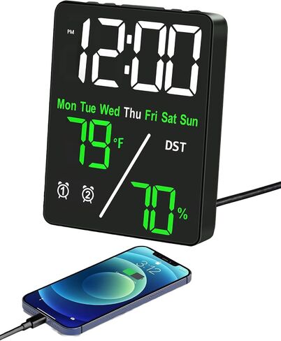 Digital LED Alarm Clock with Thermo-Hygrometer,Dual Alarms,Snooze,Date & Year Display,12/24 Hour Switch,Weekdays,DST,Auto Dimmable with 3 Brightness Levels,USB Output (5V1A) (White+Green Digits) in Kuwait