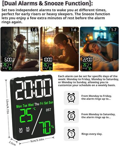 Digital LED Alarm Clock with Thermo-Hygrometer,Dual Alarms,Snooze,Date & Year Display,12/24 Hour Switch,Weekdays,DST,Auto Dimmable with 3 Brightness Levels,USB Output (5V1A) (White+Green Digits) in Kuwait