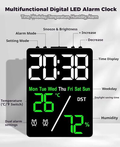 Digital LED Alarm Clock with Thermo-Hygrometer,Dual Alarms,Snooze,Date & Year Display,12/24 Hour Switch,Weekdays,DST,Auto Dimmable with 3 Brightness Levels,USB Output (5V1A) (White+Green Digits) in Kuwait