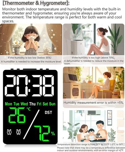 Digital LED Alarm Clock with Thermo-Hygrometer,Dual Alarms,Snooze,Date & Year Display,12/24 Hour Switch,Weekdays,DST,Auto Dimmable with 3 Brightness Levels,USB Output (5V1A) (White+Green Digits) in Kuwait