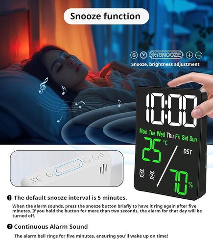 Digital LED Alarm Clock with Thermo-Hygrometer,Dual Alarms,Snooze,Date & Year Display,12/24 Hour Switch,Weekdays,DST,Auto Dimmable with 3 Brightness Levels,USB Output (5V1A) (White+Green Digits) in Kuwait