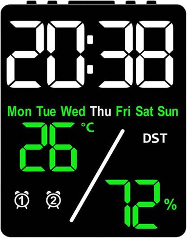 Digital LED Alarm Clock with Thermo-Hygrometer,Dual Alarms,Snooze,Date & Year Display,12/24 Hour Switch,Weekdays,DST,Auto Dimmable with 3 Brightness Levels,USB Output (5V1A) (White+Green Digits) in Kuwait