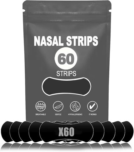Nose Strips for Respiratory (60 Count) - Athletic Nasal Strips for Snoring & Sleeping - Black - Oil & Sweat Proof High-Adhesive Patch,Hypoallergenic Tape for Sensitive Skin in Saudi Arabia