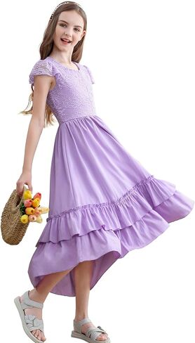 American Trends Girls Lace Ruffle Sleeve Dress Boho A-Line High-Low Maxi Dresses for Girls 6-13 Years Wedding Party in Saudi Arabia