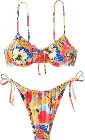Narecte Ladies' Bohemian Style Spaghetti Strap Floral Print Tie Front Underwire Bikini Set in Saudi Arabia