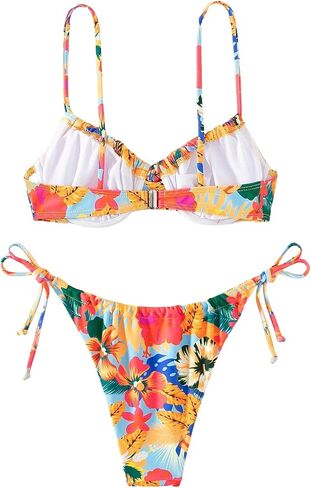 Narecte Ladies' Bohemian Style Spaghetti Strap Floral Print Tie Front Underwire Bikini Set in Saudi Arabia