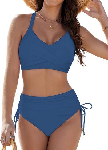 Womens Two Piece High Waisted Bikini Sets Crisscross Tie Back Bathing Suit Drawstring Tummy Control Swimsuits in Saudi Arabia