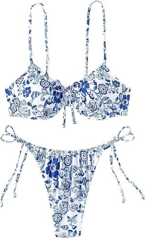 Narecte Ladies' Bohemian Style Spaghetti Strap Floral Print Tie Front Underwire Bikini Set in Saudi Arabia