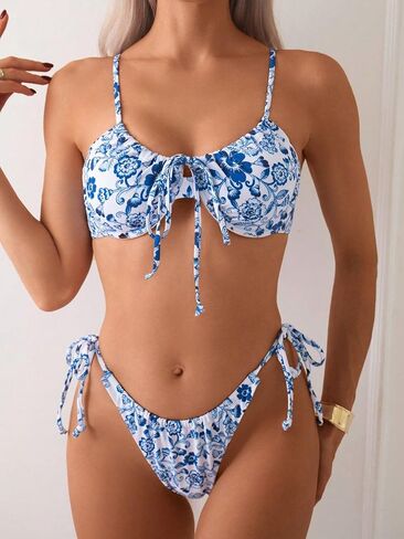 Narecte Ladies' Bohemian Style Spaghetti Strap Floral Print Tie Front Underwire Bikini Set in Saudi Arabia