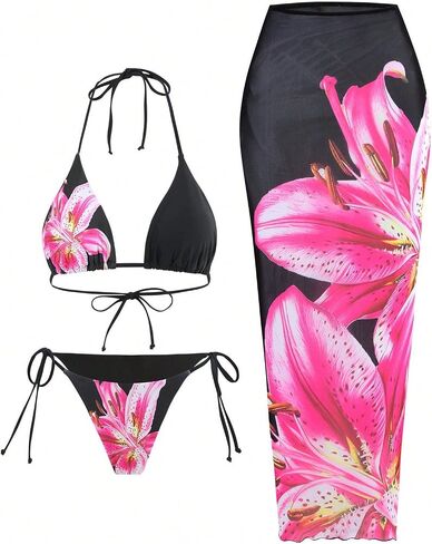 Narecte Womens 3 Piece Bikini Set High Waisted Bikini Top Tie Side Bottom Cover Up Skirt Swimsuit Beachwear in Saudi Arabia