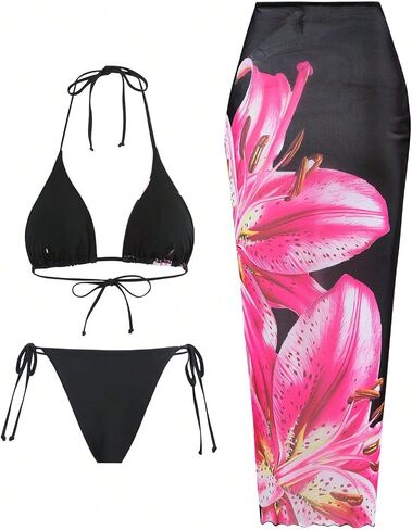 Narecte Womens 3 Piece Bikini Set High Waisted Bikini Top Tie Side Bottom Cover Up Skirt Swimsuit Beachwear in Saudi Arabia