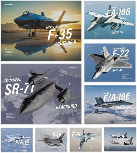 Wallbuddy Military Jets Plane Wall Art Set of 9 Posters | Unframed Airplane Decorations for Boys Room | Military Aircraft Wall Decor Patriotic | Aviation Art Fighter Jets (12X16 inches) in Saudi Arabia