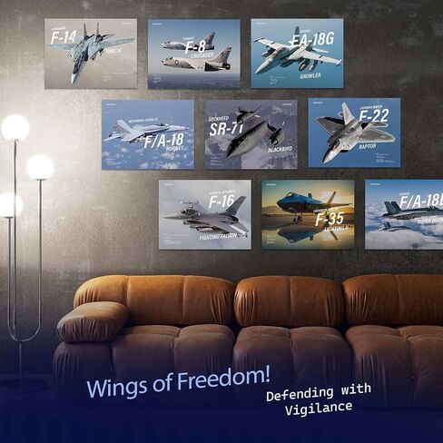 Wallbuddy Military Jets Plane Wall Art Set of 9 Posters | Unframed Airplane Decorations for Boys Room | Military Aircraft Wall Decor Patriotic | Aviation Art Fighter Jets (12X16 inches) in Saudi Arabia