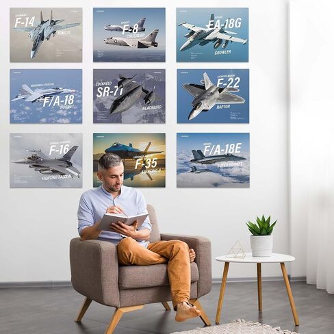 Wallbuddy Military Jets Plane Wall Art Set of 9 Posters | Unframed Airplane Decorations for Boys Room | Military Aircraft Wall Decor Patriotic | Aviation Art Fighter Jets (12X16 inches) in Saudi Arabia