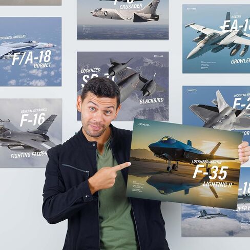 Wallbuddy Military Jets Plane Wall Art Set of 9 Posters | Unframed Airplane Decorations for Boys Room | Military Aircraft Wall Decor Patriotic | Aviation Art Fighter Jets (12X16 inches) in Saudi Arabia