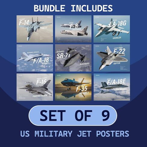 Wallbuddy Military Jets Plane Wall Art Set of 9 Posters | Unframed Airplane Decorations for Boys Room | Military Aircraft Wall Decor Patriotic | Aviation Art Fighter Jets (12X16 inches) in Saudi Arabia