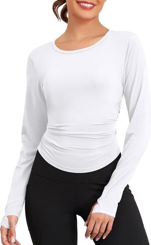 TAIPOVE Pima Cotton Long Sleeve Workout Tops for Women High Crew Neck Athletic Shirts Side Ruched Basic Layer w/Thumbholes in Kuwait