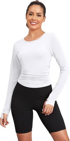 TAIPOVE Pima Cotton Long Sleeve Workout Tops for Women High Crew Neck Athletic Shirts Side Ruched Basic Layer w/Thumbholes in Kuwait