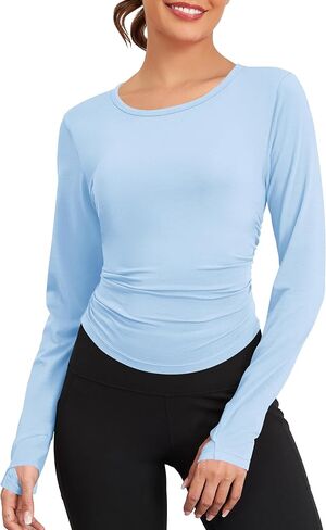 TAIPOVE Pima Cotton Long Sleeve Workout Tops for Women High Crew Neck Athletic Shirts Side Ruched Basic Layer w/Thumbholes in Kuwait