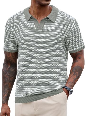MEN V NECK POLO متماسكة مخطط للوزن الثقيل قميص الأكمام القصيرة الصيفية (S-XXL) in Kuwait