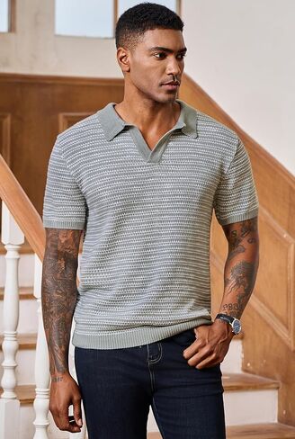 MEN V NECK POLO متماسكة مخطط للوزن الثقيل قميص الأكمام القصيرة الصيفية (S-XXL) in Kuwait