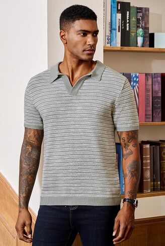 MEN V NECK POLO متماسكة مخطط للوزن الثقيل قميص الأكمام القصيرة الصيفية (S-XXL) in Kuwait
