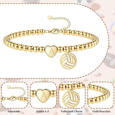 Volleyball Stuff, Volleyball Gifts Initial Bracelet Adjustable Letter A-Z Gold Beaded Bracelets for Women Heart Link Stocking Stuffers Mothers Day Gift Basket Christmas Graduation Jewelry in Saudi Arabia