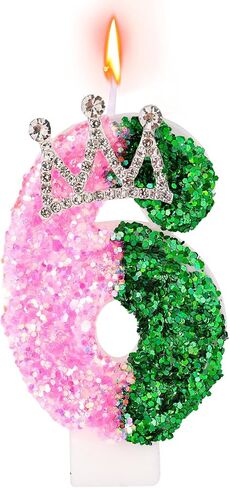 Pink and Green Birthday Candle, Glittery Witch Number Candle with Crown Decoration Cake Topper for Birthday Witch Themed Parties Anniversary (Number 6) in Saudi Arabia