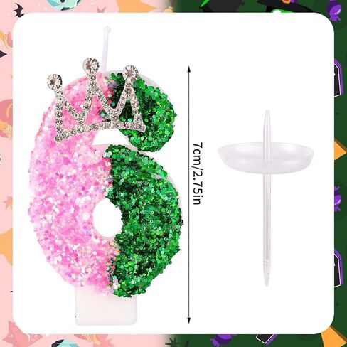 Pink and Green Birthday Candle, Glittery Witch Number Candle with Crown Decoration Cake Topper for Birthday Witch Themed Parties Anniversary (Number 6) in Saudi Arabia
