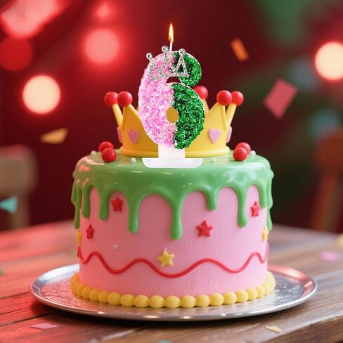 Pink and Green Birthday Candle, Glittery Witch Number Candle with Crown Decoration Cake Topper for Birthday Witch Themed Parties Anniversary (Number 6) in Saudi Arabia