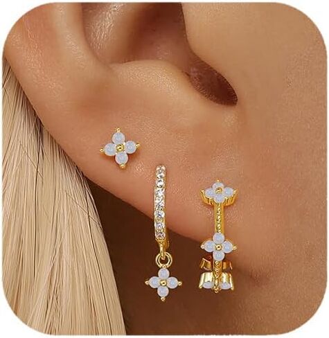 QUINBY Dainty Opal Earrings Dangle Hoop Earrings For Women,Hypoallergenic Earring Sets For Multiple Piercing,14k Gold Plated Earring Stacks For Sensitive Ears in Saudi Arabia